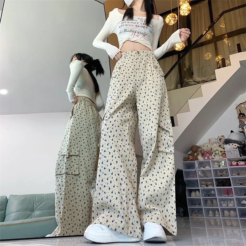 Korean Retro Floral Cargo Pants Women Loose Wide Leg Straight Full Length High Waist Fashion Versatile Casual Trousers Female