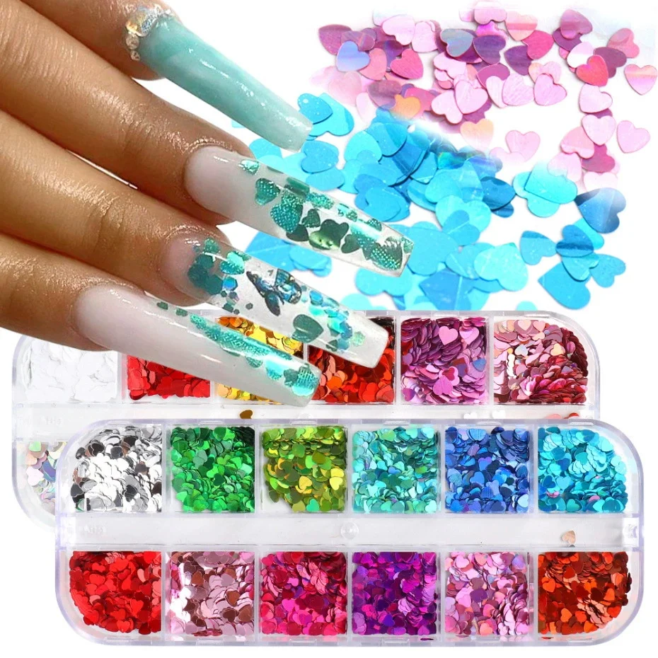 

24-Color Holographic Glitter Mixed Heart-Shaped Nail Flakes for Nail Art, Eye, Face, and Body DIY Decoration Accessories