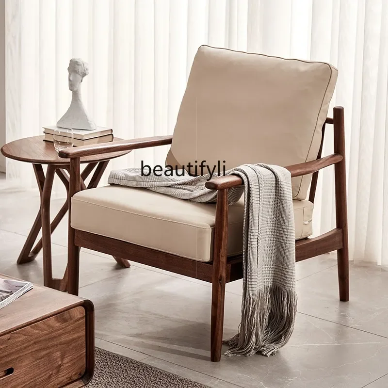

V Solid Wood Couch Simple Modern Leather Armchair Black Walnut Wood Lounge Chair