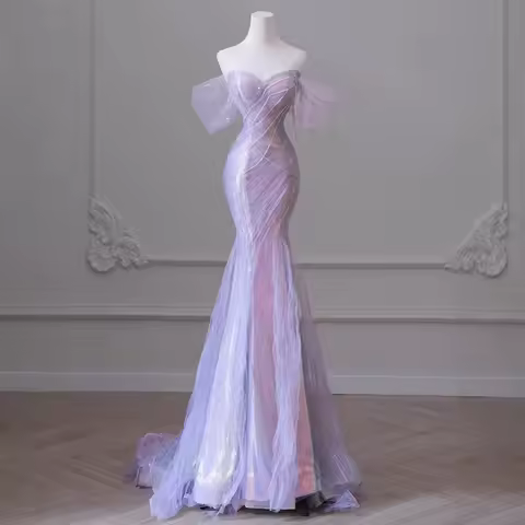 Sleeveless 2025 New Luxury Evening Dress Off The Shoulder Sequined Banquet Mermaid Prom Dress Lace Up Vestido De Novia