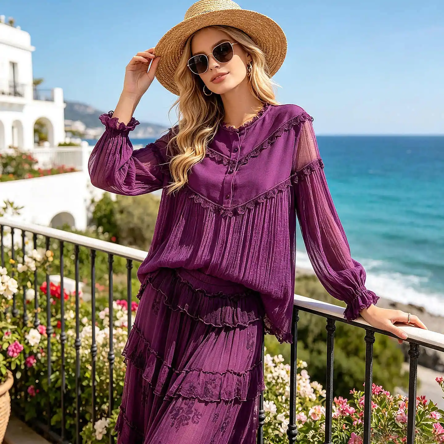 Spring and Autumn New O-Neck Splicing Lace Advanced Retro Vintage Purple Top+Elastic Waist Half Skirt Silk Women's Two Piece Set