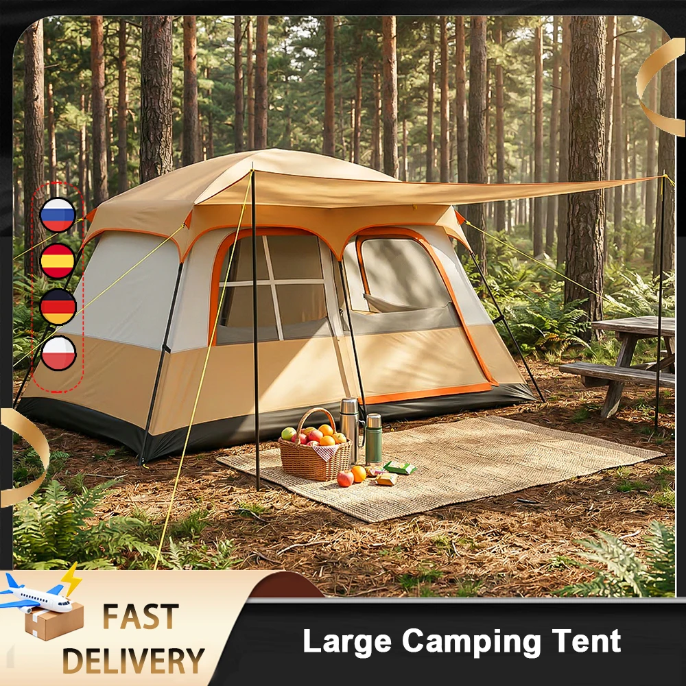 Carpa de camping grande para 4-6 personas, familiar, para senderismo, con dos habitaciones y una sala de estar, impermeable, equipo de mochilero para exteriores.