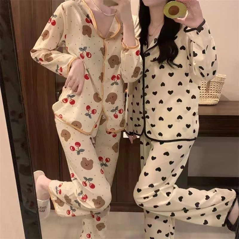 SP&CITY Cartoon Cute Patterned Cotton Long Sleeve Pajamas Suit Women’s Korean Fashion Breathable Sleepwear Spring Autumn Pajamas