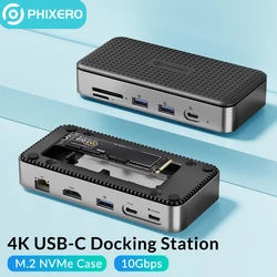 PHIXERO  USB C Docking Station with HDMI-Compatible USB-A 3.2 Gen2 M.2 NVMe  SATA SSD Case Ethernet 10Gbps 100W PD USB Hub SD/TF