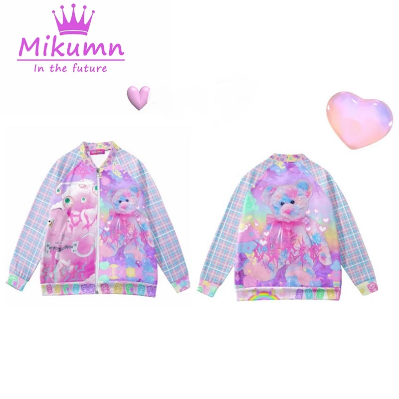 Mikumn Harajuku Y2k Baseball Jacket Women\'s Autumn Loose Japanese Kawaii Cute Cartoon Printed Casual Coat Sportswear Streetwear