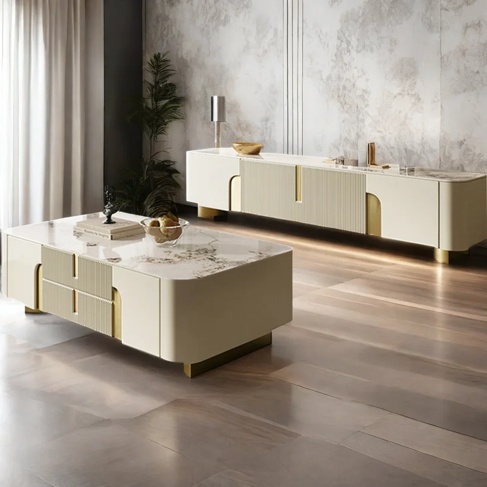 Centre de divertissement moderne en pierre frittée blanche, meuble de rangement latéral pour salon, meuble TV avec Base en métal doré