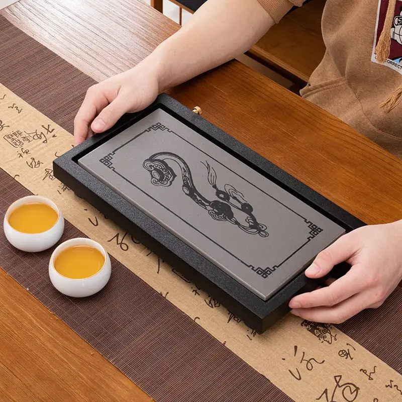 Rectangular Faux Black Gold Stone Tea Tray Water Dry Brew Design Portable Gongfu Tea Serving Tray Living Room Daily Tea Making