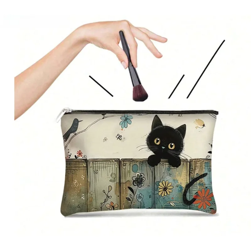 

Vintage Cat Makeup Bag For Women Black Cat Floral Zipper Pouch Fade-resistant Cosmetic Bag Gift For Sisters Friends Cat Lovers