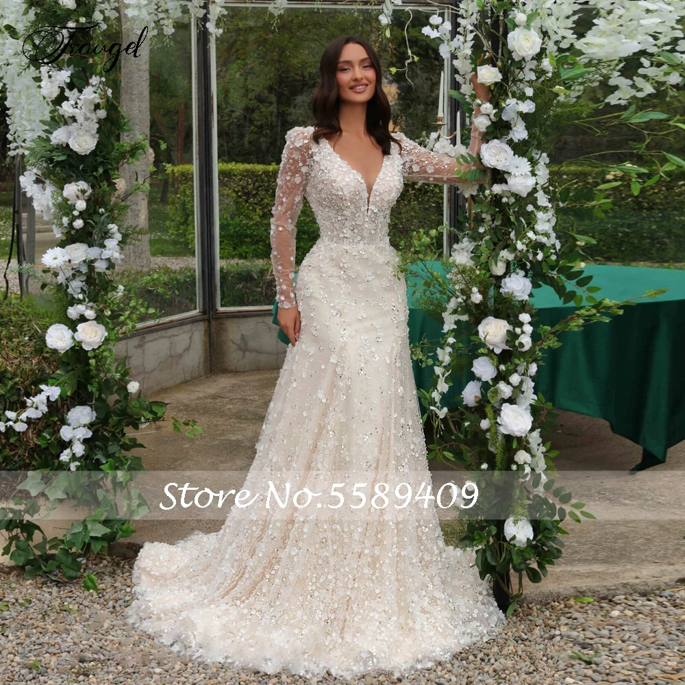 Abiti da sposa di lusso a sirena personalizzati con scollo a V manica lunga Vestido De Novia pizzo fiori 3D treno staccabile Robe De Mariee