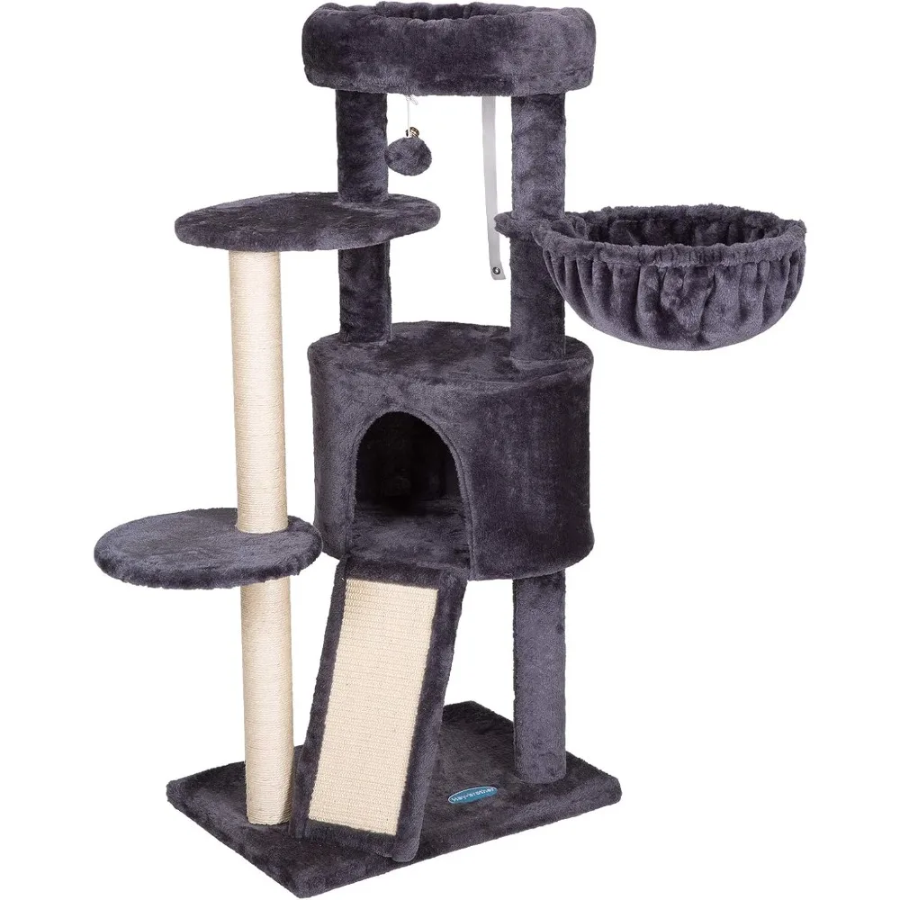 

Cat Tree with Scratching Board, Cat Tower with Padded Plush Perch and Cozy Basket, Multi-Platform for Jump