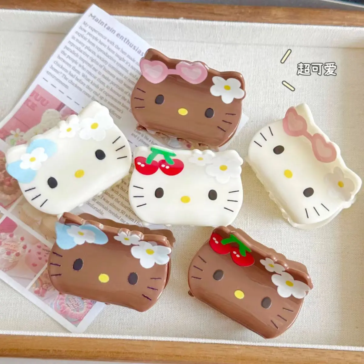 Кавайные летние заколки для волос Hello Kitty Sanrio белого и коричневого цвета женские заколки для волос акриловые детские заколки для волос