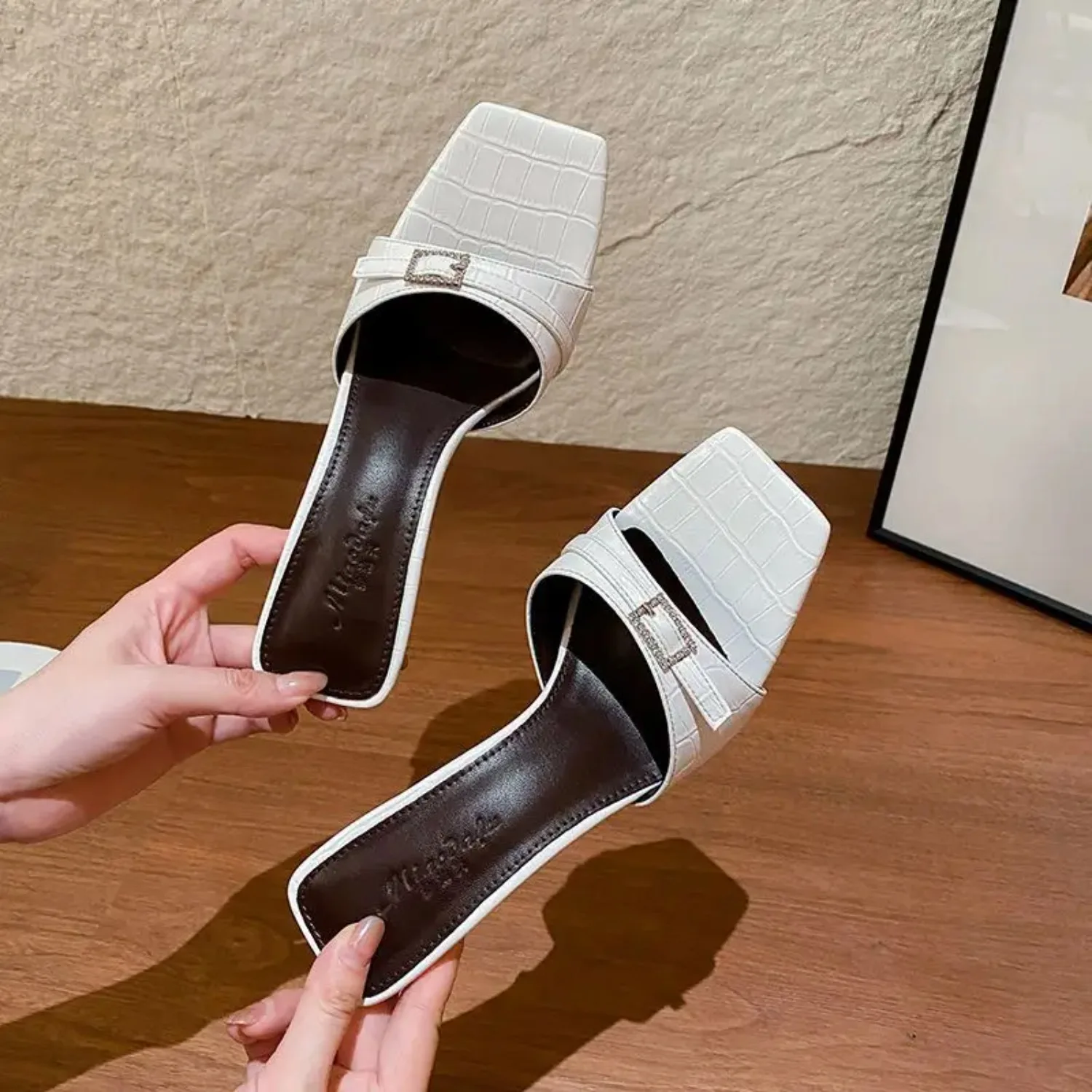 

2026 Summer Premium Croc-Embossed Leather Rhinestone Buckle Square Toe Flat Slide Sandals Comfort Casual Daily Occasion
