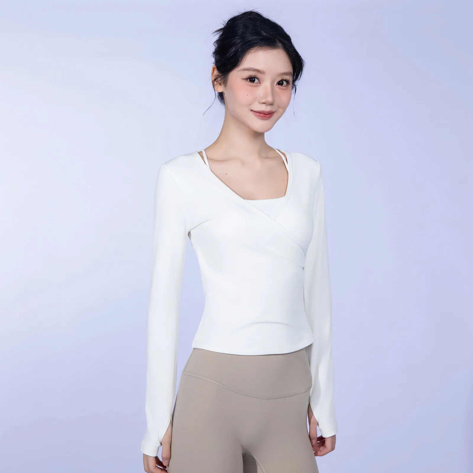Damen Sport-Langarmshirt mit V-Ausschnitt, 2026 Neu, Tailliert, Schlankmachend, Pilates, Schnelltrocknend, Yoga-Bekleidung, T-Shirt, Bluse – Detail 8