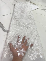 French Net Lace with Sequins Beads 2024 High Quality African Tulle Mesh Lace Fabric For Women Luxury Wedding Party Dresses,White