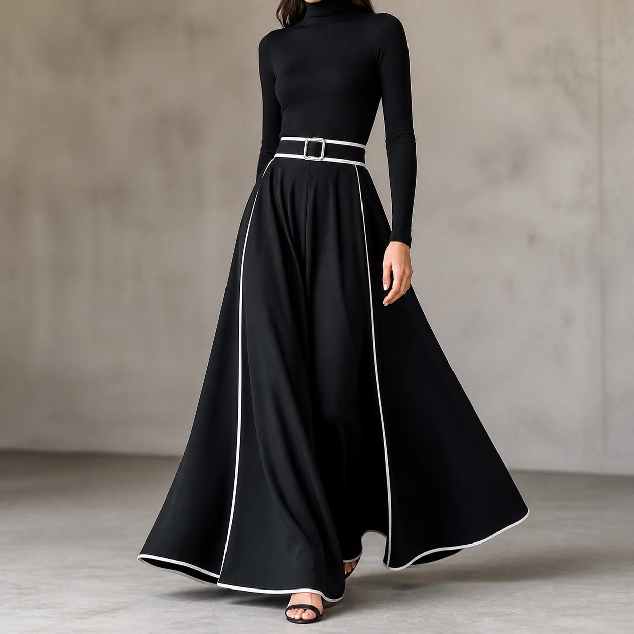 Elegant Slim Fit Floor Length with Contrast Trim Straight Neck Long Sleeve High Waist Ultra Full Skirt Party Dresses for Women