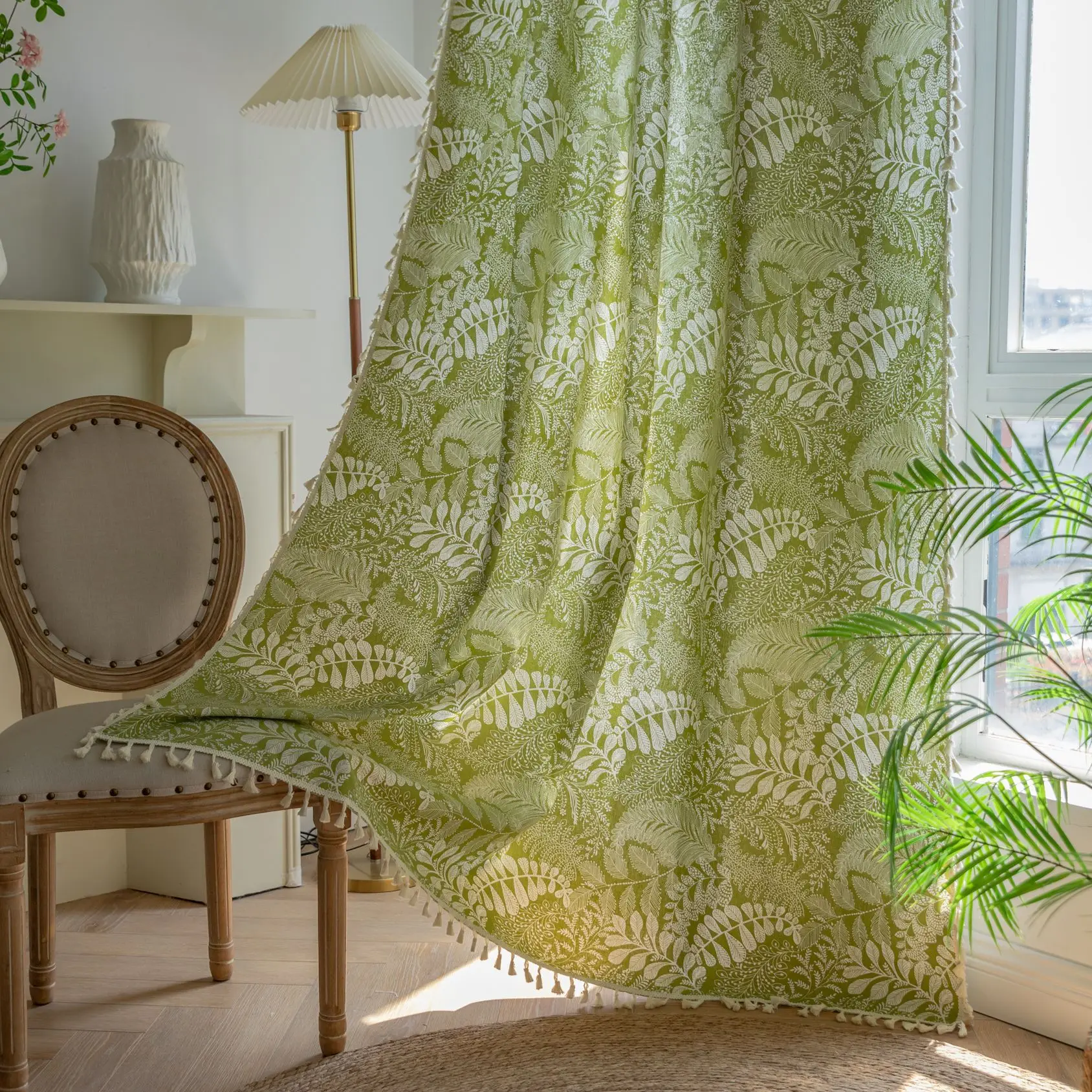 Cotton Green plant Curtains Road Pocket High Shading Curtain Tassel for Kitchen Bedroom Living Room Bay Window Cabinet Curtain