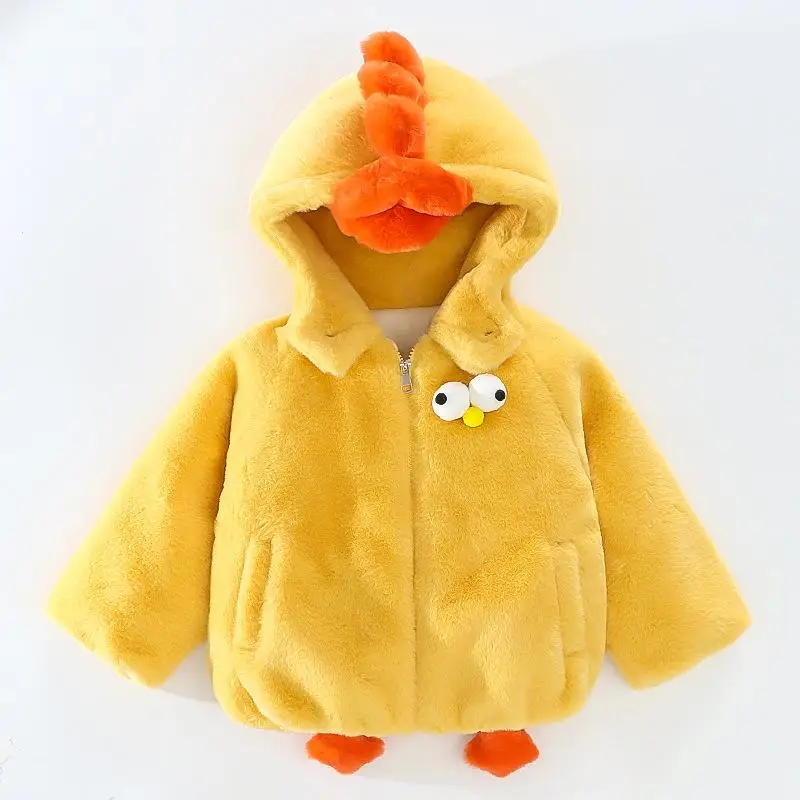 Winter Girls' New Solid Color Cartoon Cute Plush Fashion Windproof and Warm School Party Chick Hairy Hoodie for 1-4 Years