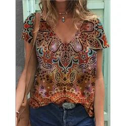 Ethnic Style Floral 3D Print T-Shirts Women V-Neck Short Sleeve T Shirt Streetwear Y2k Top Harajuku Oversized Tee Woman Clothing