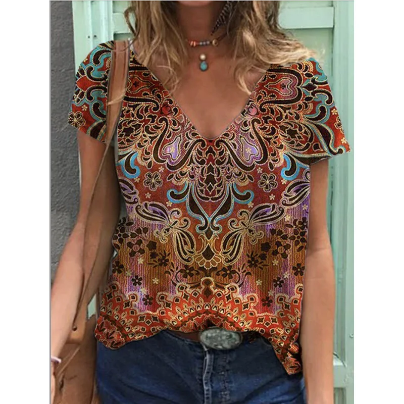 Ethnic Style Floral 3D Print T-Shirts Women V-Neck Short Sleeve T Shirt Streetwear Y2k Top Harajuku Oversized Tee Woman Clothing