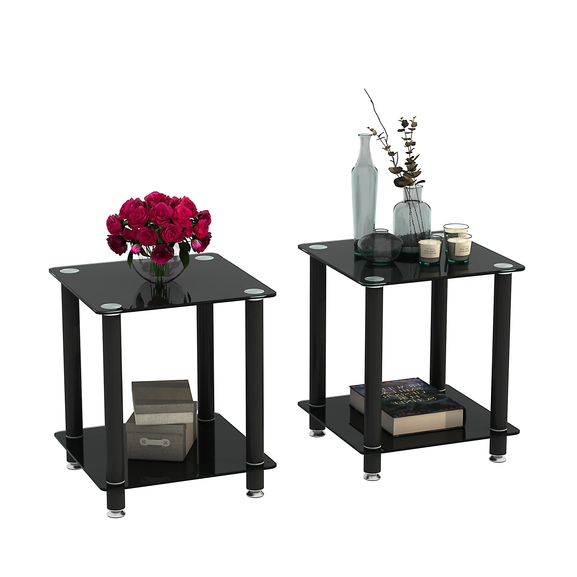 2pcs Black Side Table 2-Tier Space End Table Modern Night Stand Sofa table Coffee Table with Storage Shelf Black/White[US-Stock]