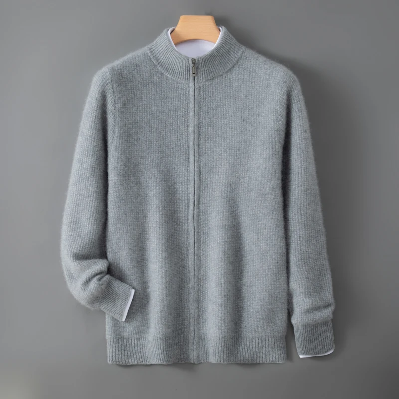 Men'S Thickened 100% Pure Wool Cardigan Men'S Half-High Collar Zip-Up Knit Sweater New Autumn And Winter Style Outerwear