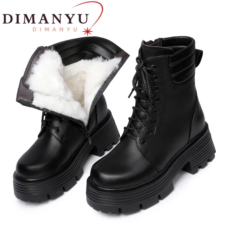 

DIMANYU Winter Boots Women Platform High Heel Genuine Leather Large Size Chunky Boots Women Thick Wool Combat Boots Ladies