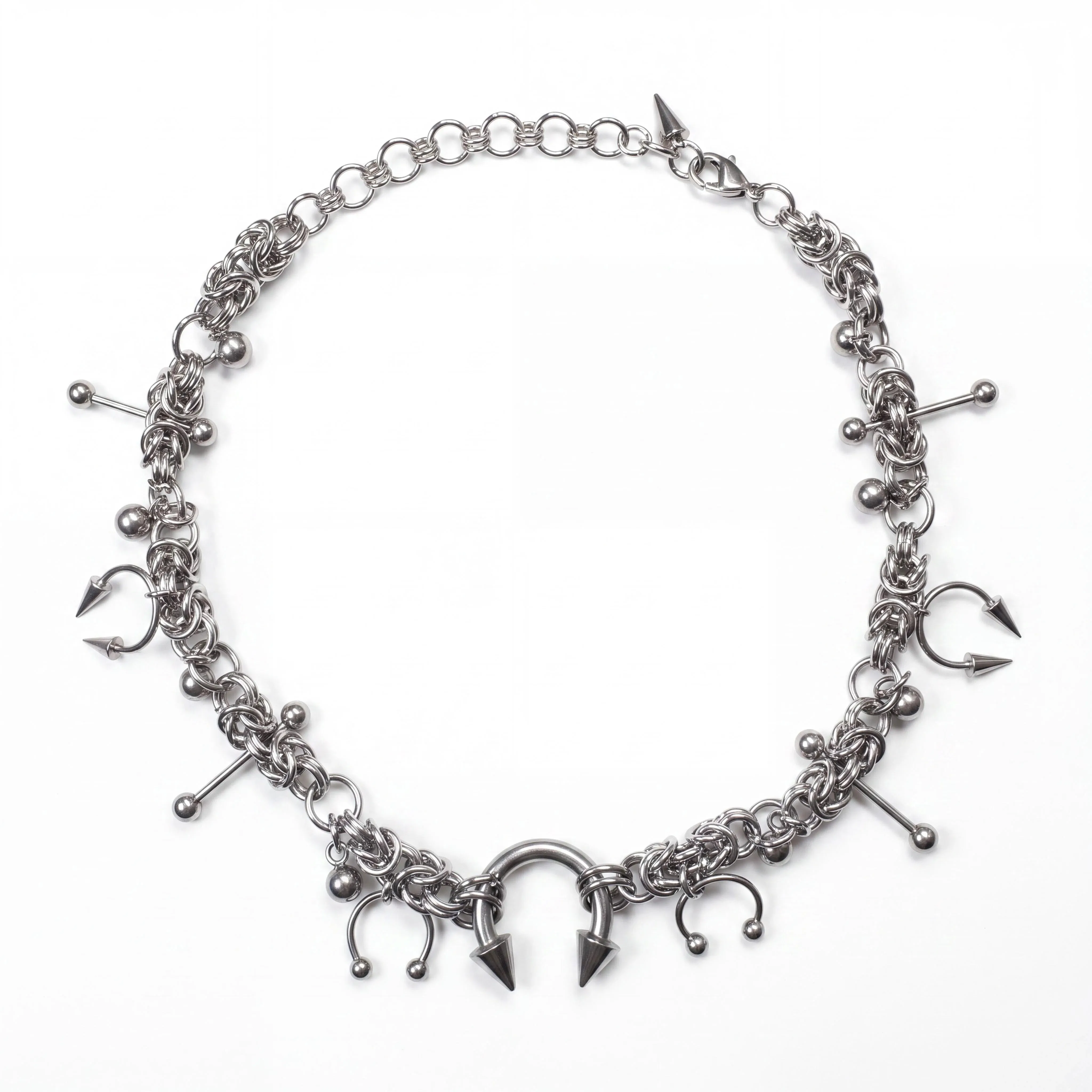 Gothic Punk Spike Horseshoe Choker Halskette aus Edelstahl, klobige geflochtene Kette, edgy Statement-Schmuck für Damen & Herren – Detail 3