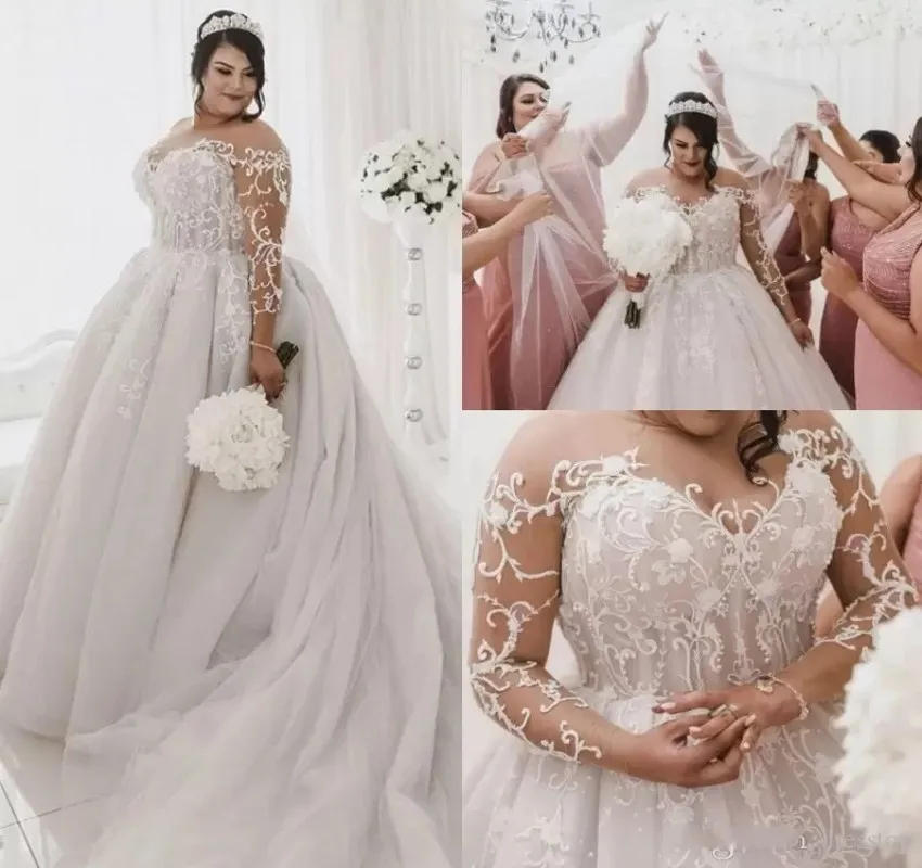 Vestidos De novia personalizados De talla grande 2025, vestidos De novia con apliques De encaje, tren De corte De tul, mangas transparentes, bata personalizada De Mariee