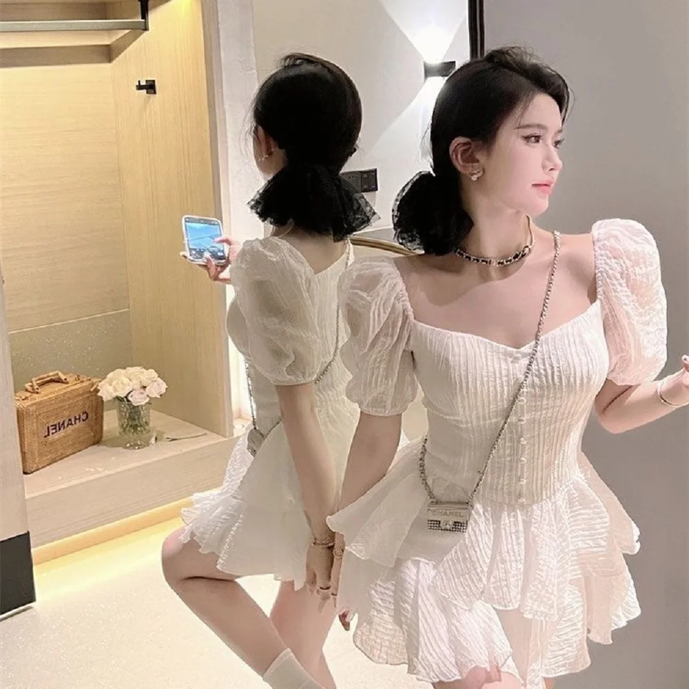 

French Ruffled Square Collar Puff Sleeve Dress Women Summer New High-End Style Pure Niche Design Waist-Hugging Short Skirt