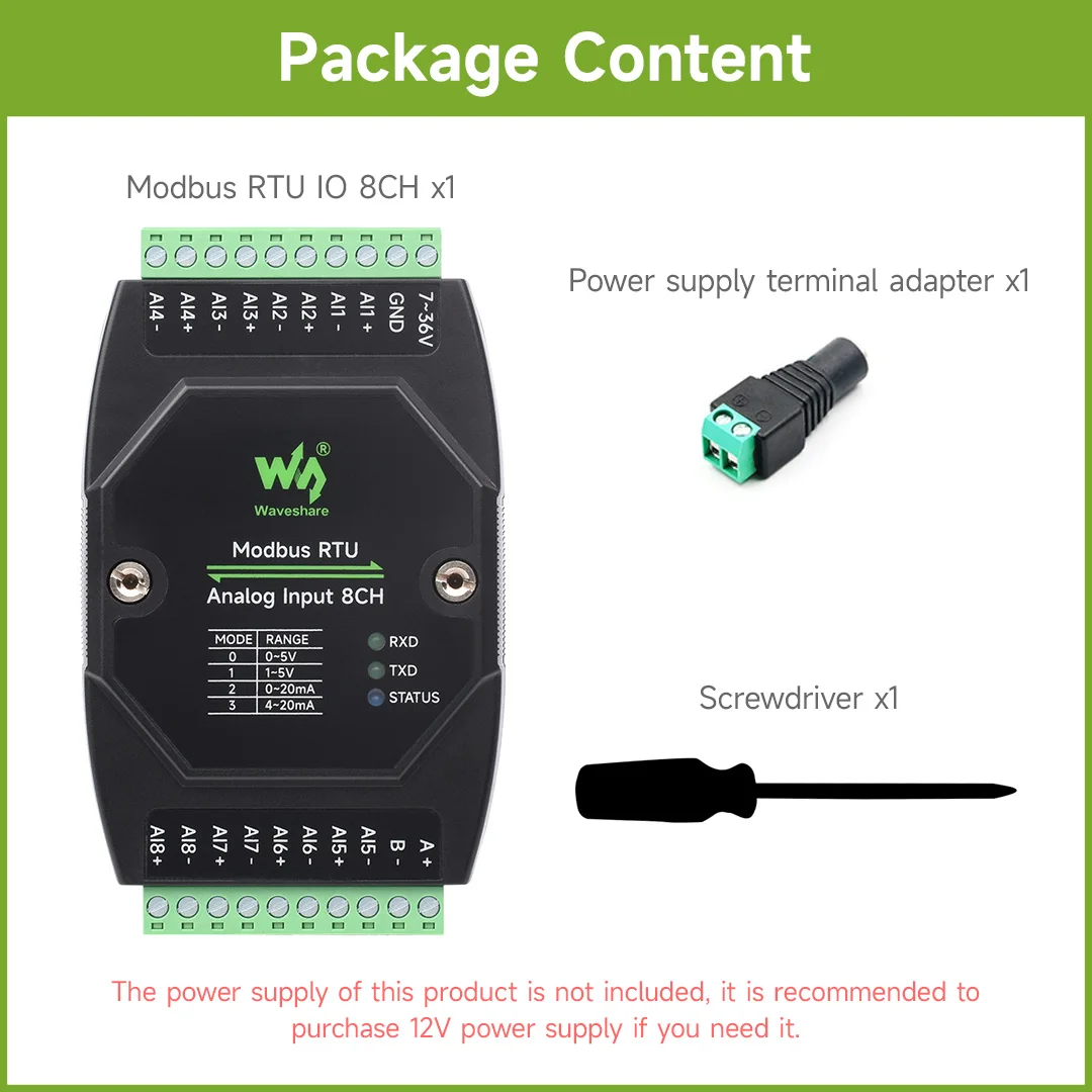 Waveshare Industrial 8-Ch Digital Input & Output Module, DC 7~36V Wide Voltage Power Supply, Modbus RTU Protocol, Rail-Mount