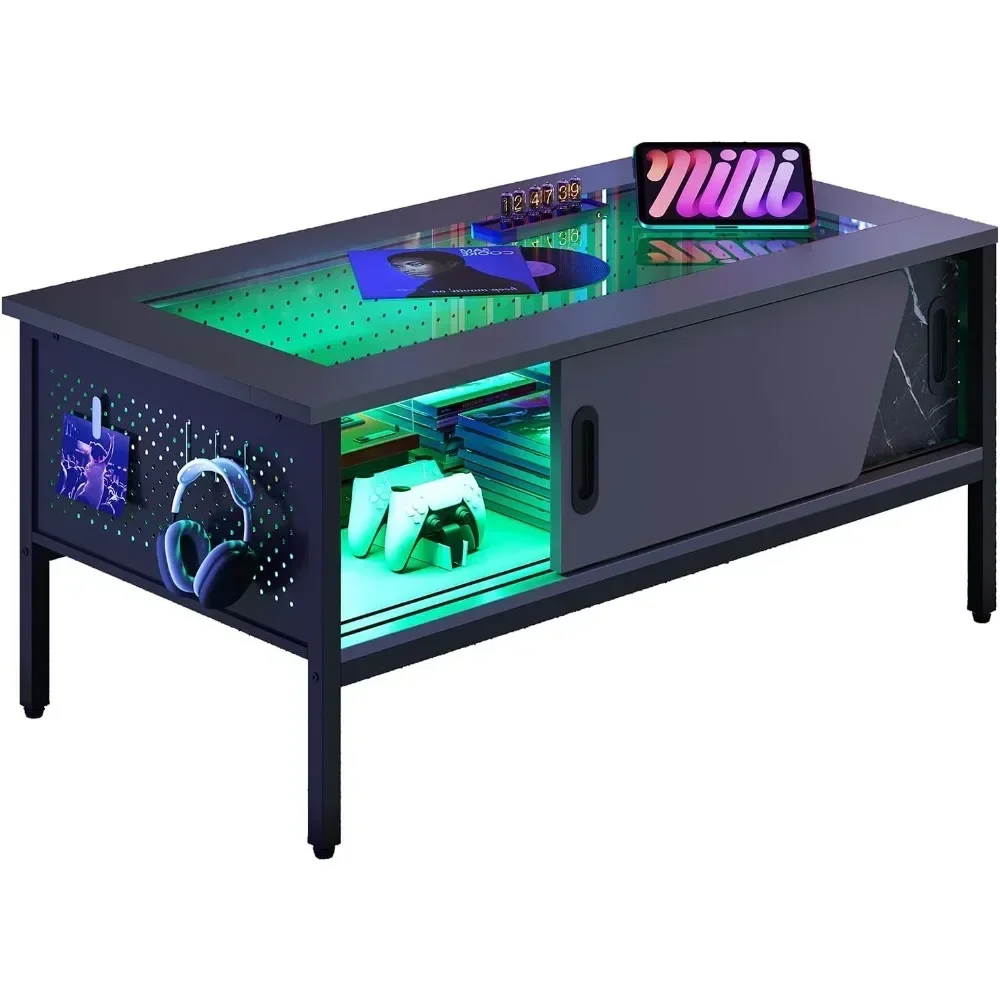 Table Basse LED avec Rangement, Tables Cafées en Verre, Portes Coulissantes, Salon, 42"