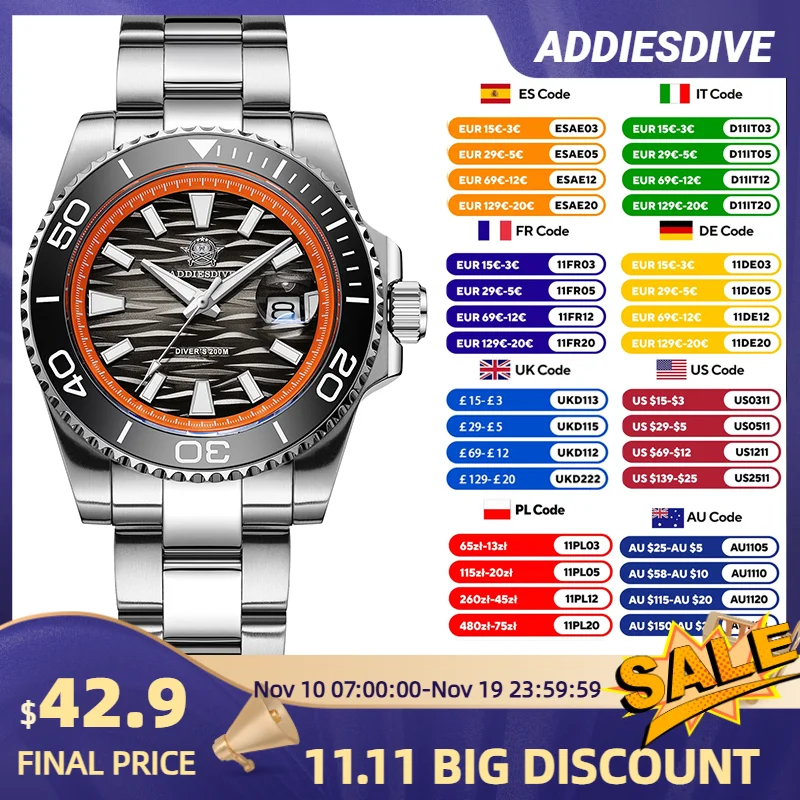 

ADDIESDIVE Men’s Diver Watch 200M Waterproof Japan Quartz Movement Ceramic Bezel BGW9 Lume Stainless Steel Enamel Dial 41mm