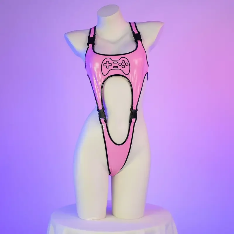 Bodysuit Cosplay Anime Cartoon para mulheres, controlador de jogo, perna alta, fivela, couro, maiô Cyberpunk, pijama, roupas, macacão, traje