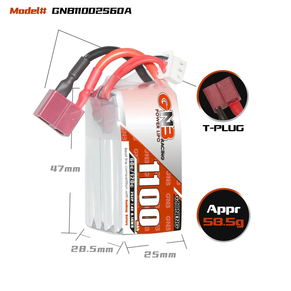 GAONENG GNB 2S 7.4V 1100mAh 60C lithium battery with T plug, suitable for FPV drones and quadcopters.