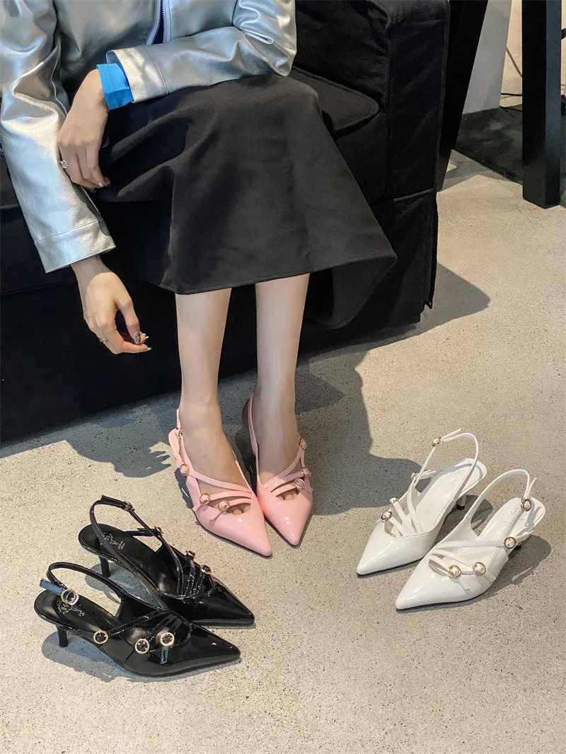 AIYKAZYSDL Pink White Black Pumps Women Slingback Low Kitten Heel Sandals Office Lady Work Shoes Bucklet Strap Cut Out Sandals