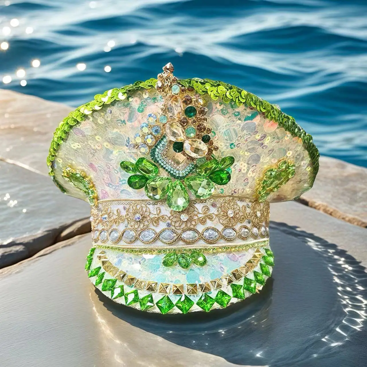 

HongLuan Vintage Green Steampunk Captain Hat Rhinestone for Burning Man Festival Woman - Military Assessories ＆ Caps for Man