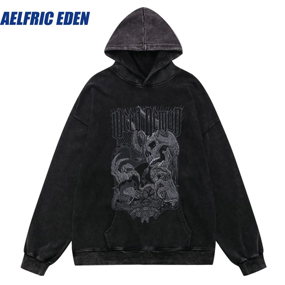 

Aelfric Eden Vintage Skeleton Skull Devil Print Distressed Washed Men Hip Hop Hoodie Streetwear 2023 Mens Harajuku Retro Hoodie