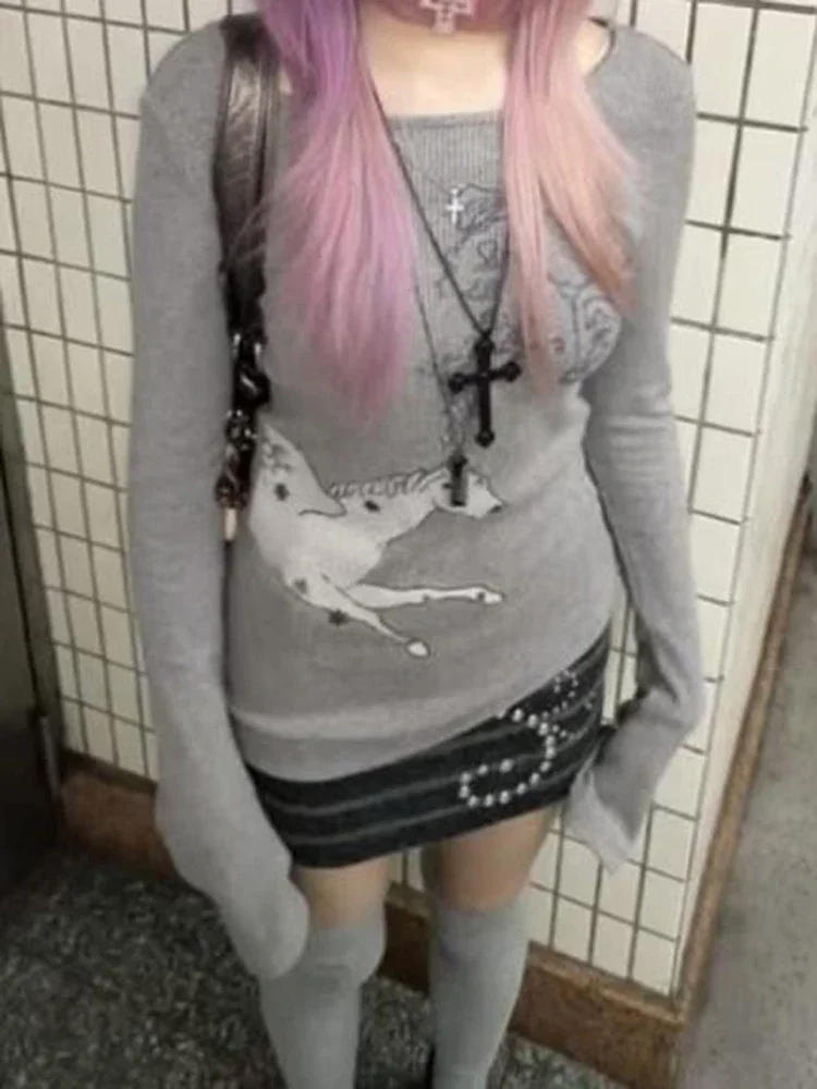 Y2K خمر الكرتون طباعة تي شيرت المرأة Harajuku الكورية رمادي بلايز اليابان سليم كم طويل س الرقبة الإناث الجرافيك تي شيرت الربيع