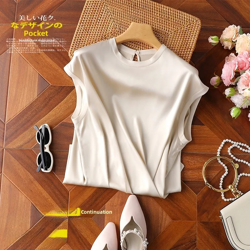 

Шелковая шифоновая футболка с круглым вырезом Ne Top, женская модная простая шелковая футболка Ele для поездок на работу, ажурный дизайн