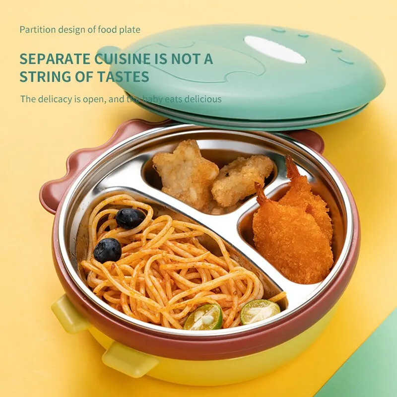 New Cartoon Baby Stainless Steel Lunch Box For Kids Dinosaur Compartmentalized Heated Water Insulation Children's Cutlery Food