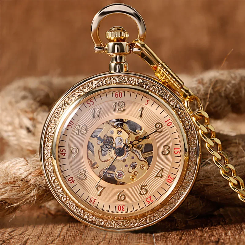 Luxury Yellow Gold Unisex Handwinding Mechanical Pocket Watch Manually Skeleton Clock Arabic Number Dial Golden Pendant Chain