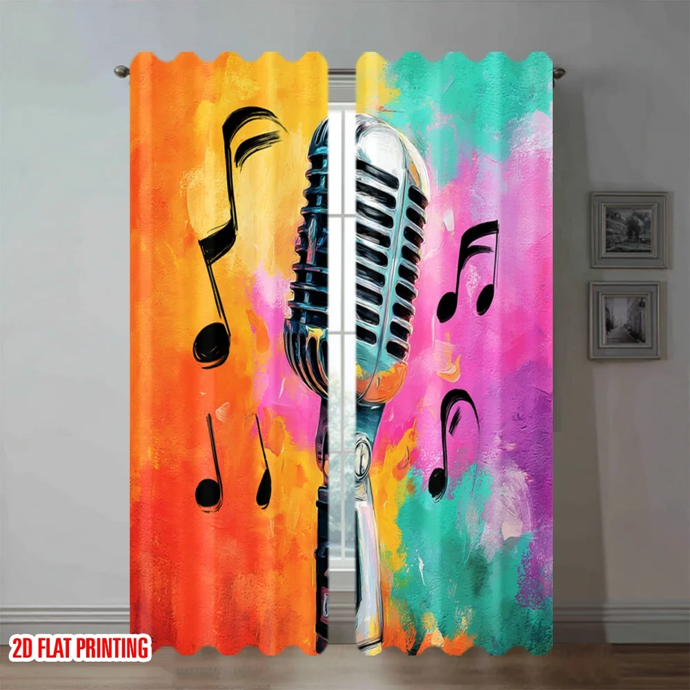 Music Note Curtains, Vintage Microphone Window Drapes, Colorful Art Decor, Blackout Fabric for Living Room Bedroom Studio Home