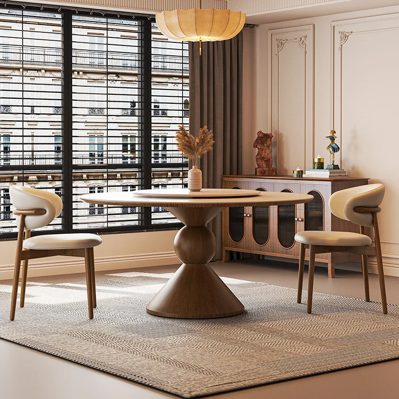 Solid wood rock slab dining table and chair combination round with turntable household round table Nordic dining table