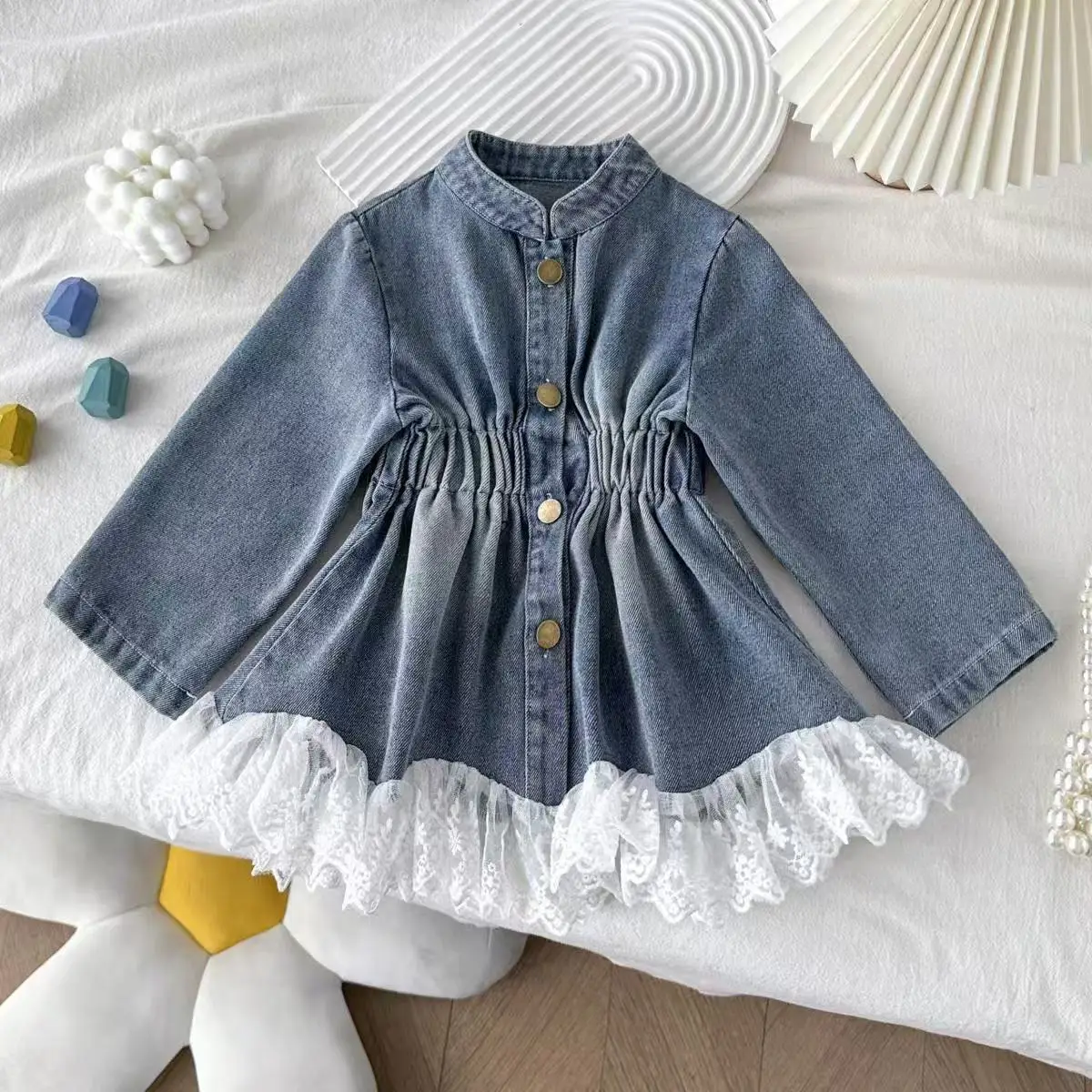 Spring Children Girls Dress Round Collar Elastic Waist Toddler Kids Girl Denim Jackets Lace Infant Babys Girls Long Sleeve Dress