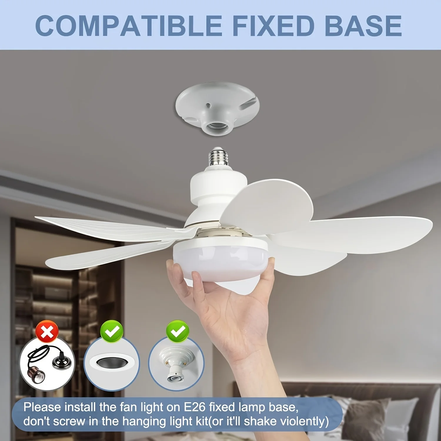E27 Socket Ceiling Fan Light White 3 Speed Wind Remote Control Full Spectrum High Brightness LED Lamp Easy Install Bedroom