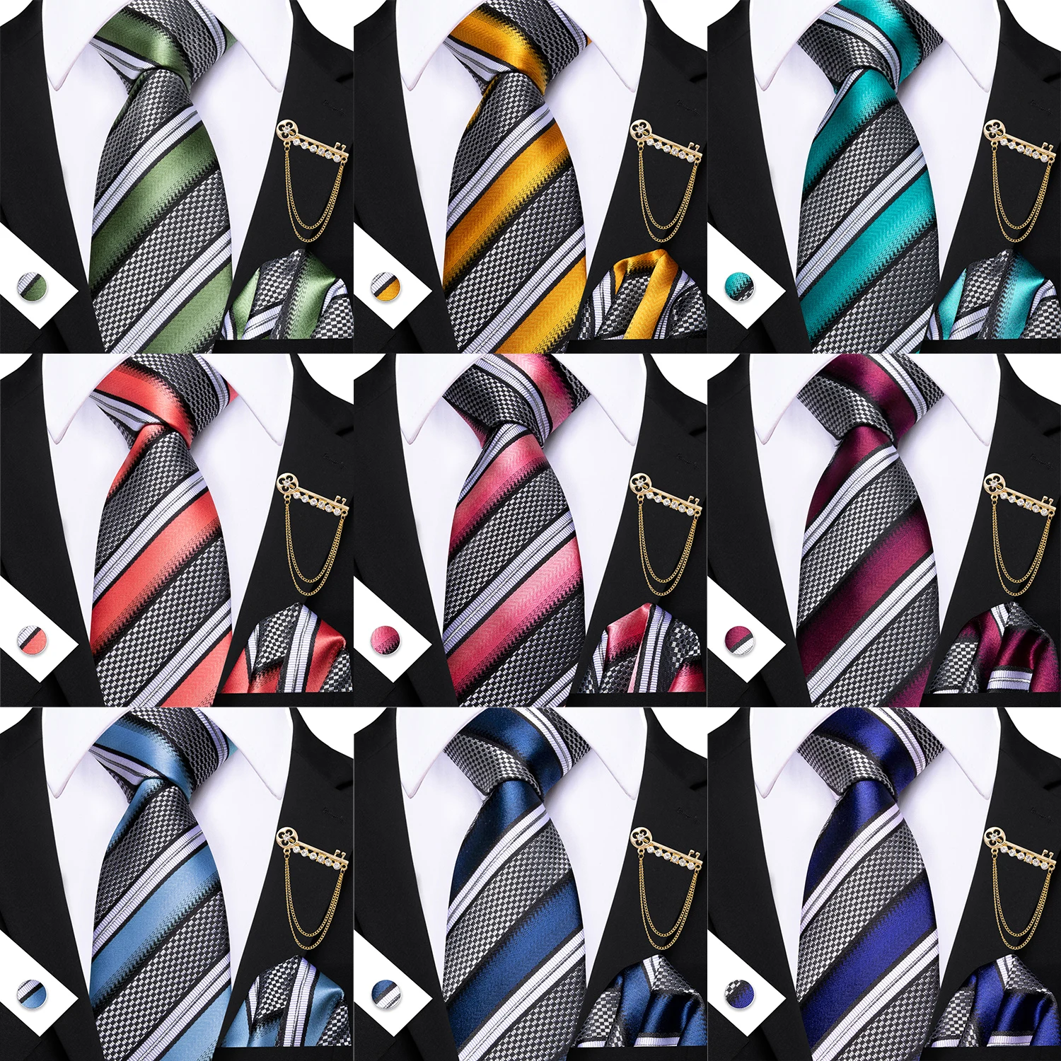 

Barry.Wang Striped Blue Purple Green Golden Tie Men Ties Pocket Sqaure Brooch Cufflinks Set Necktie Casual Wedding Gift