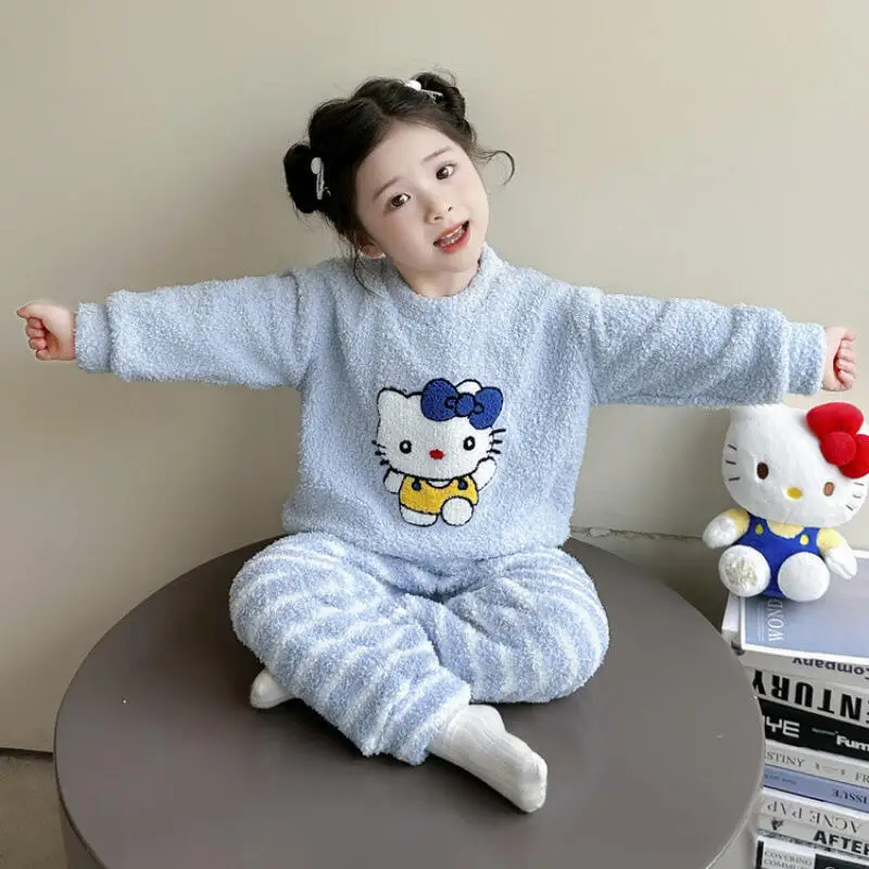 سانريو مرحبا كيتي البلوز منامة قطعتين مجموعة فتاة الخريف المرجان الصوف القمم السراويل الطفل kawaii أنيمي الكرتون ملابس منزلية جديدة #3