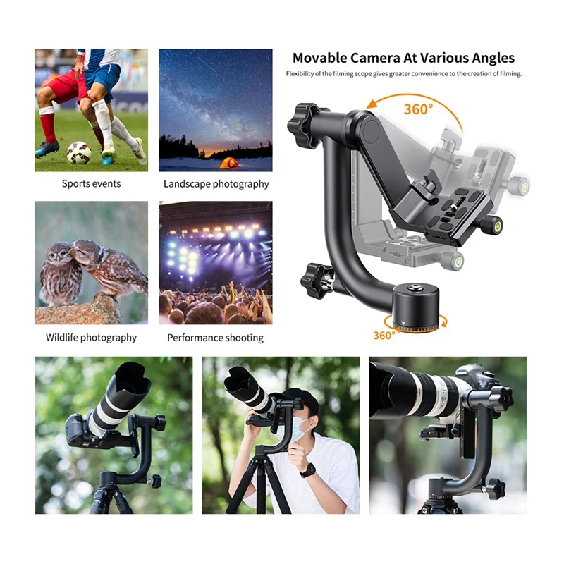 Camera Tripod Head Aluminum Alloy 360 Degree Panoramic Gimbal Tripod Head With 1/4Inch Standard Quick Release Plate