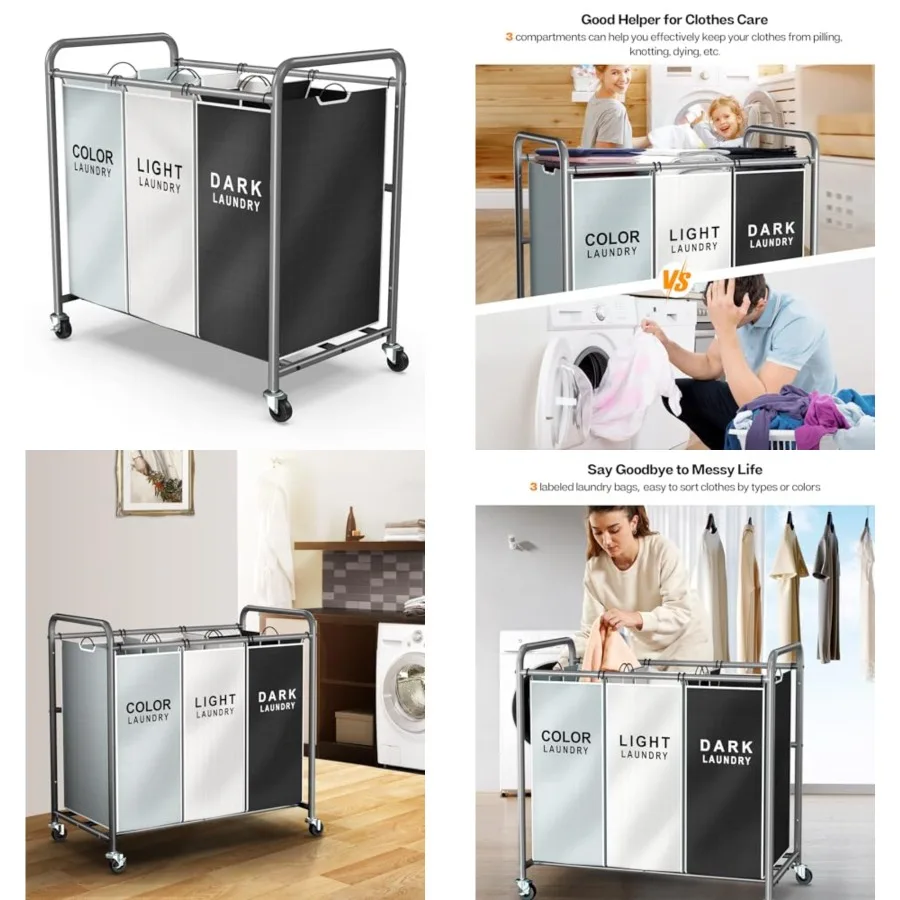 

Laundry Sorter Hamper 3 Section, Divided Laundry Basket Organizer with Heavy Duty Lockable Wheels and Removable Bags, Rolling C