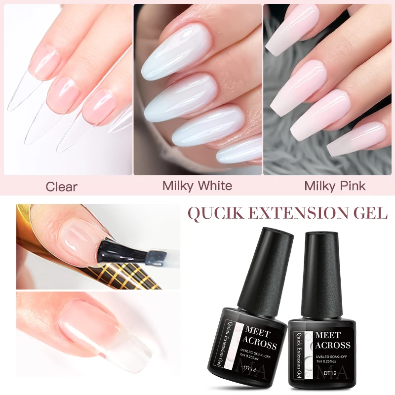 MEET ACROSS 7ml Milk White Pink Quick Extension Nail Gel Polish 3 In 1 Semi Permanent Soak Off UV Gel Varnish Nail Art Manicure